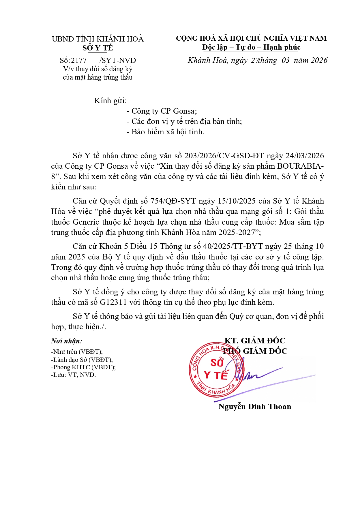 V/v thay đổi số đăng ký của mặt hàng trúng thầu